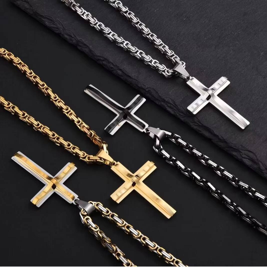 Mens Retro HipHop Style Stainless Steel Convex Cross Pendant Necklace New DoubleLayer Box Chain Fashion Accessory