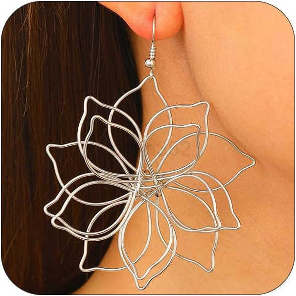 Big Gold Wire Flower Earrings for Women Simple Large Hollow Floral Drop Dangly Earring Charm Silver Trendy Dangling Ear Aesthetic Jewelry GiftsW250911