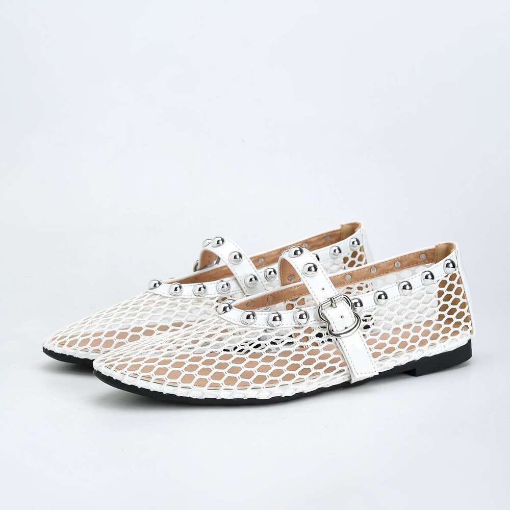 Designer Shoe 35-43 Large Spring Summer New Round Toe Flat Mesh Hollow Rivet Strap Mary Jane Plus Size Women's Shoes