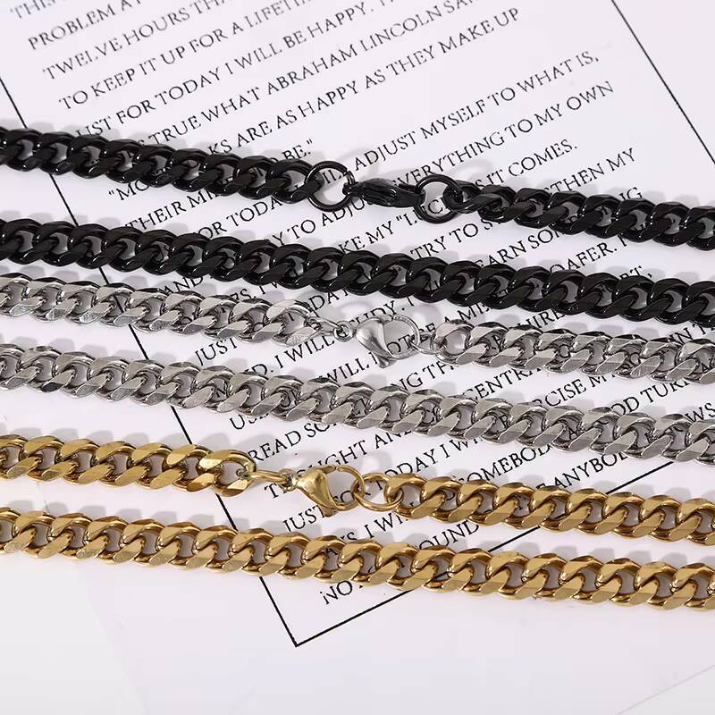 Wholesale Stainless Steel Cuban Link Chain Clasp Necklace for Men Women 18K PVD Flat Stainless Steel Chain Necklace Curb