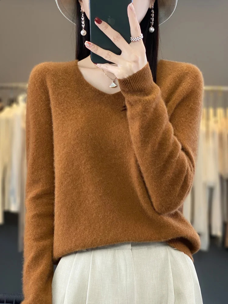 Womens Basic Vneck Pullover Sweater 100 Merino Wool Long Sleeve Cashmere Knitwear Autumn Winter Female Clothing Tops 250911