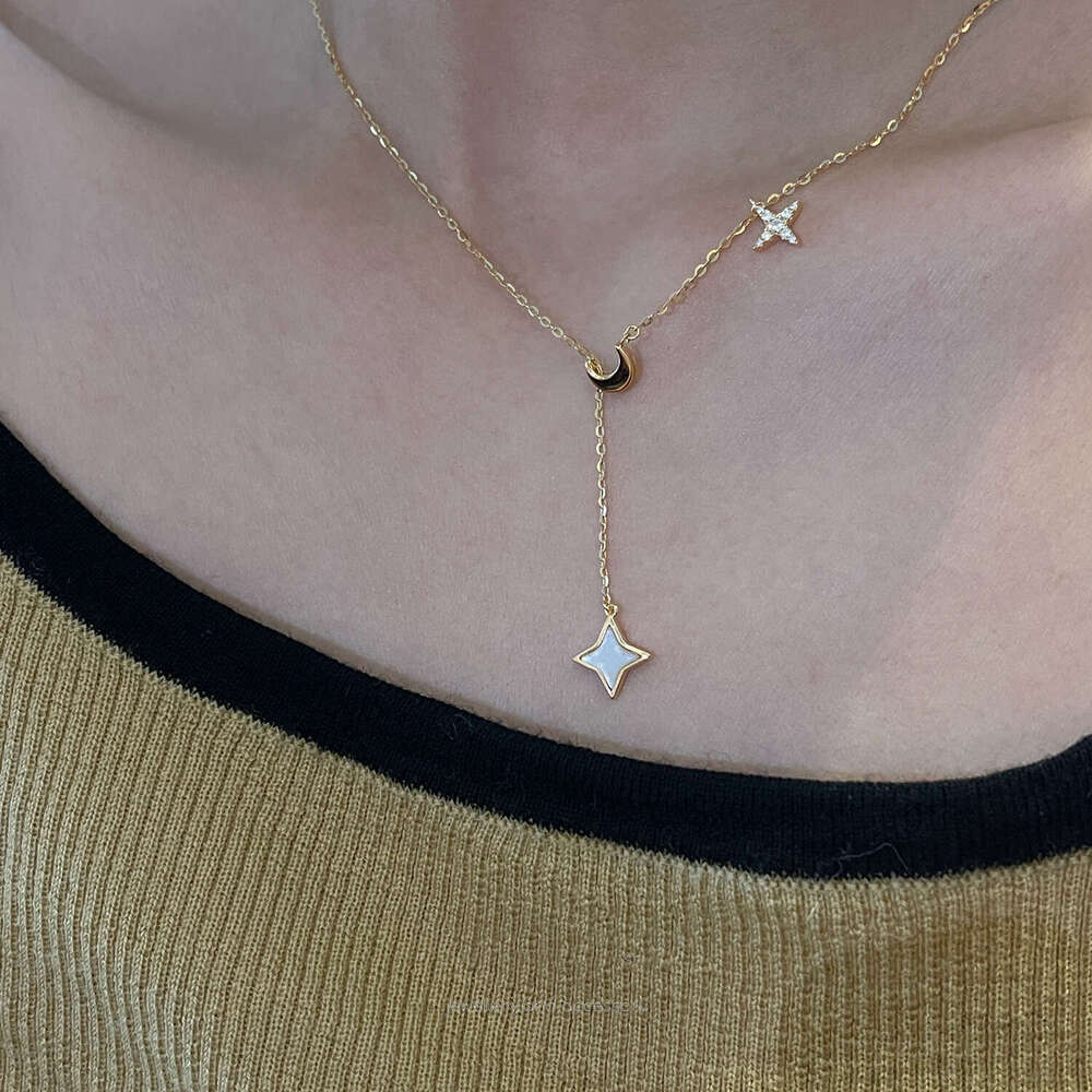 S Pure Sier Gold-Plated Star Moon White Shell Pendant Tassel Necklace for Women Elegant and Exquisite Collarbone Chain