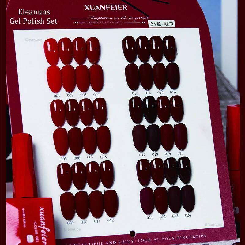 Eleanuos Phototherapy Polishing 24Pcs Varnish Gel Mixed Soak Wine Red Lasting Shiny Primer Nail Art Winter Salon Kit