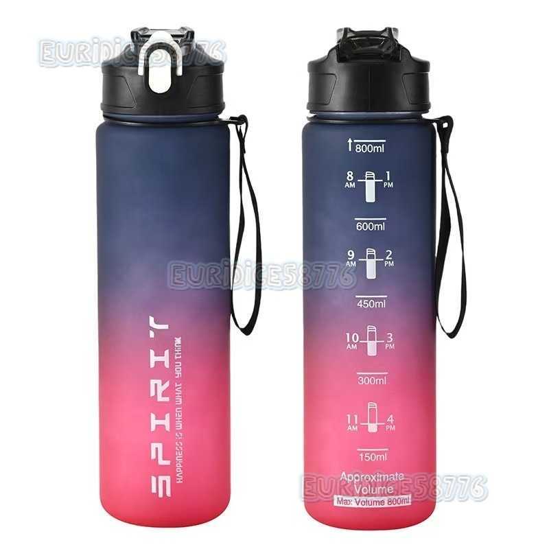 Gradient Color Matte Sports Water Bottle with Handle Strap Portable Fitness Water Bottle with Straw Space Cup Outdoor Sports H250911