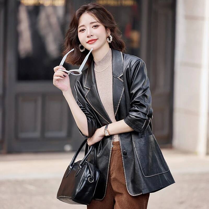 THEME 21 Fashion Leather Blazer Casual Elegant Business Jacket Fall Winter of 2025 Women's New Collection Arrival
