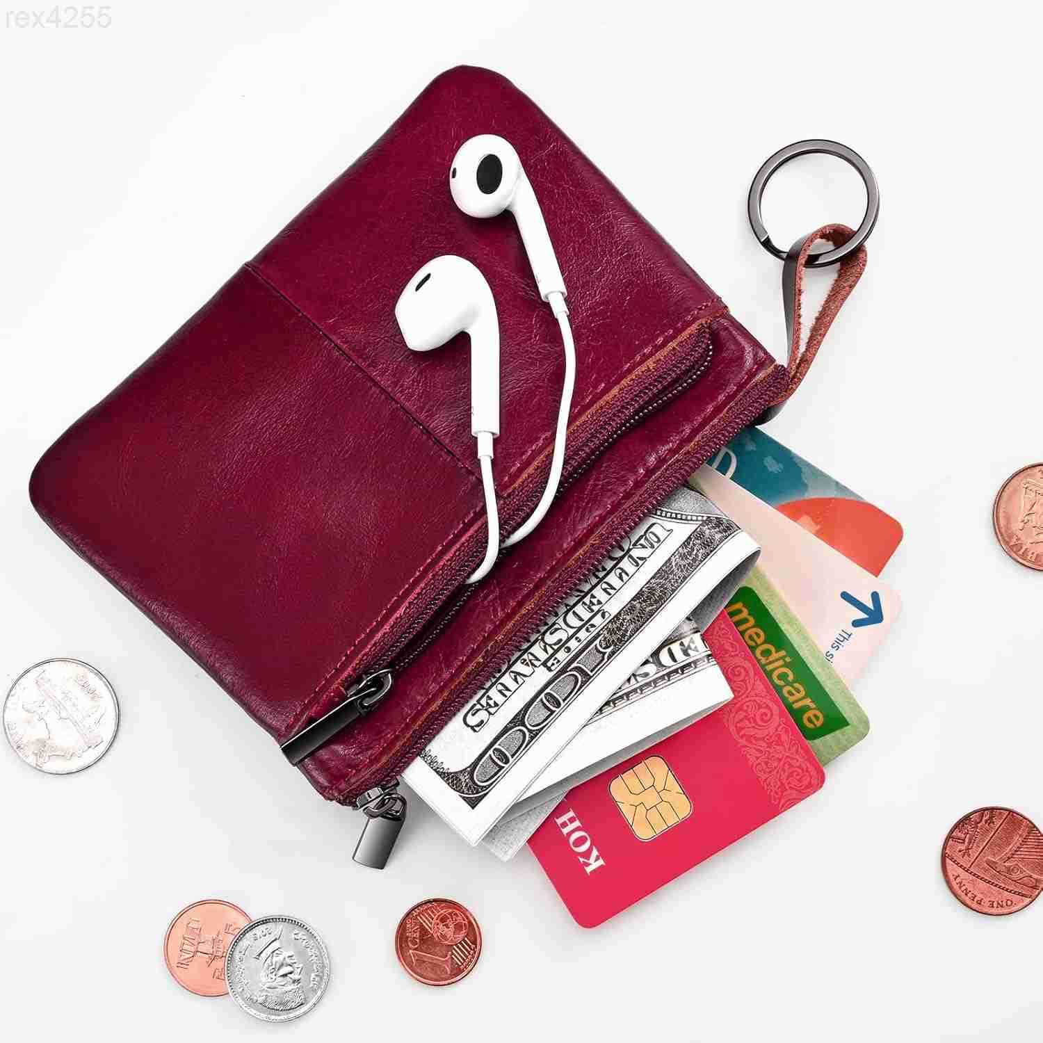 Red Genuine Leather MultiFunctional Wallet Compact Card Holder Coin Purse Key Organizer with 3 Zippers Builtin Key Ring Perfect for Travel Work Daily 