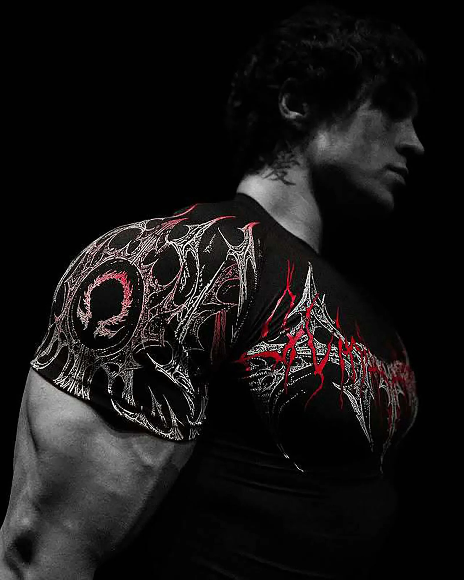 GYM Tshirt Mens Dark Gothic Print Muscle Tee High Elasticity And Quick Drying Exercise For Bodybuilding Training 2025 Summer 250910