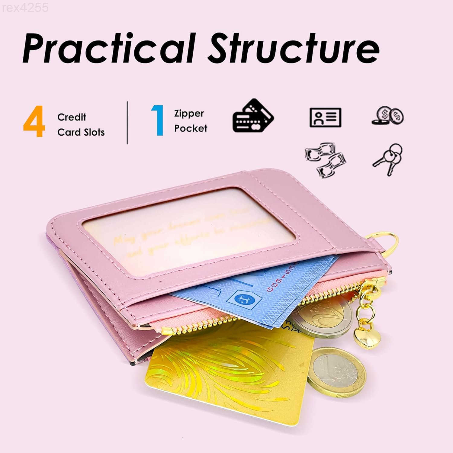 Key Chain Wallet Women Credit Card Holder for Women with Metal Key Chain Ring for Car KeysLadies Mini Purse with ID Window and Zipper Pocket Rose Pink