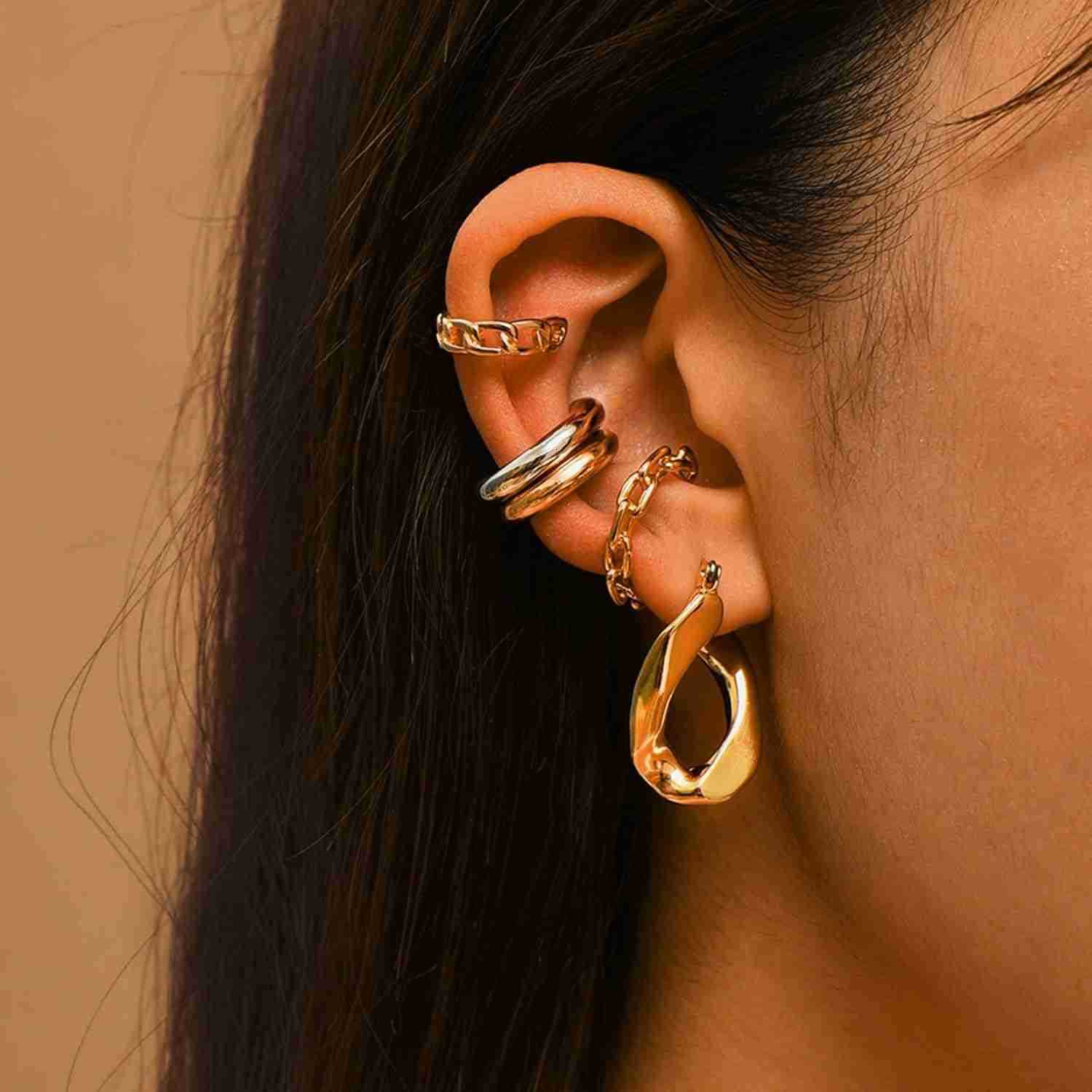 2 Pairs Ear Cuff Earrings for Women Chunky Gold Huggie Ear Cuff Silver Cartilage Cuff Earrings for Women Non Piercing Small Thick Round Fake Earring C