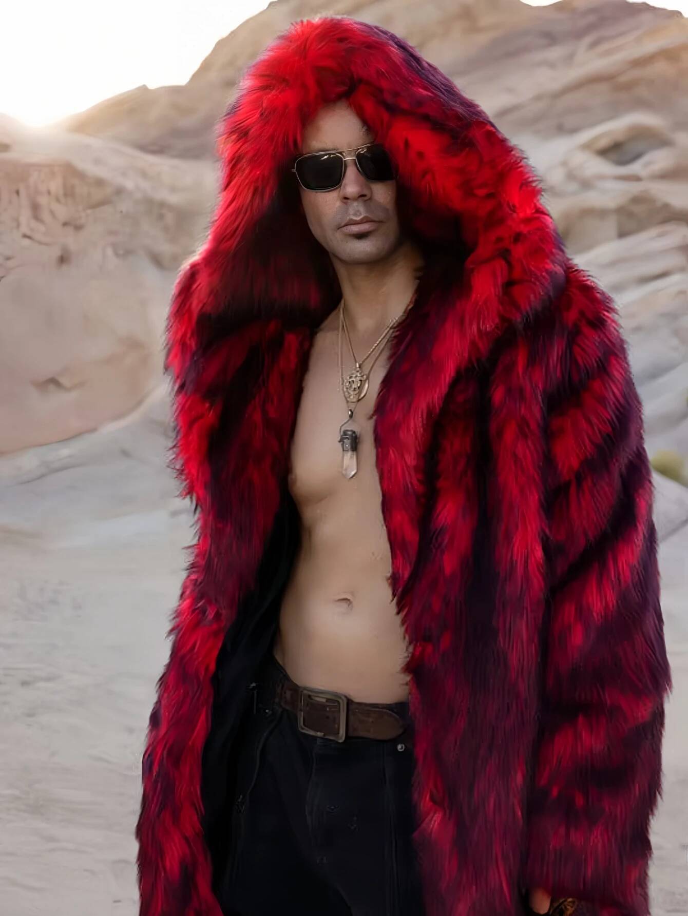 Autumn/Winter Warm Faux Fur Red Men's Long Sleeve High Quality Fluffy Coat