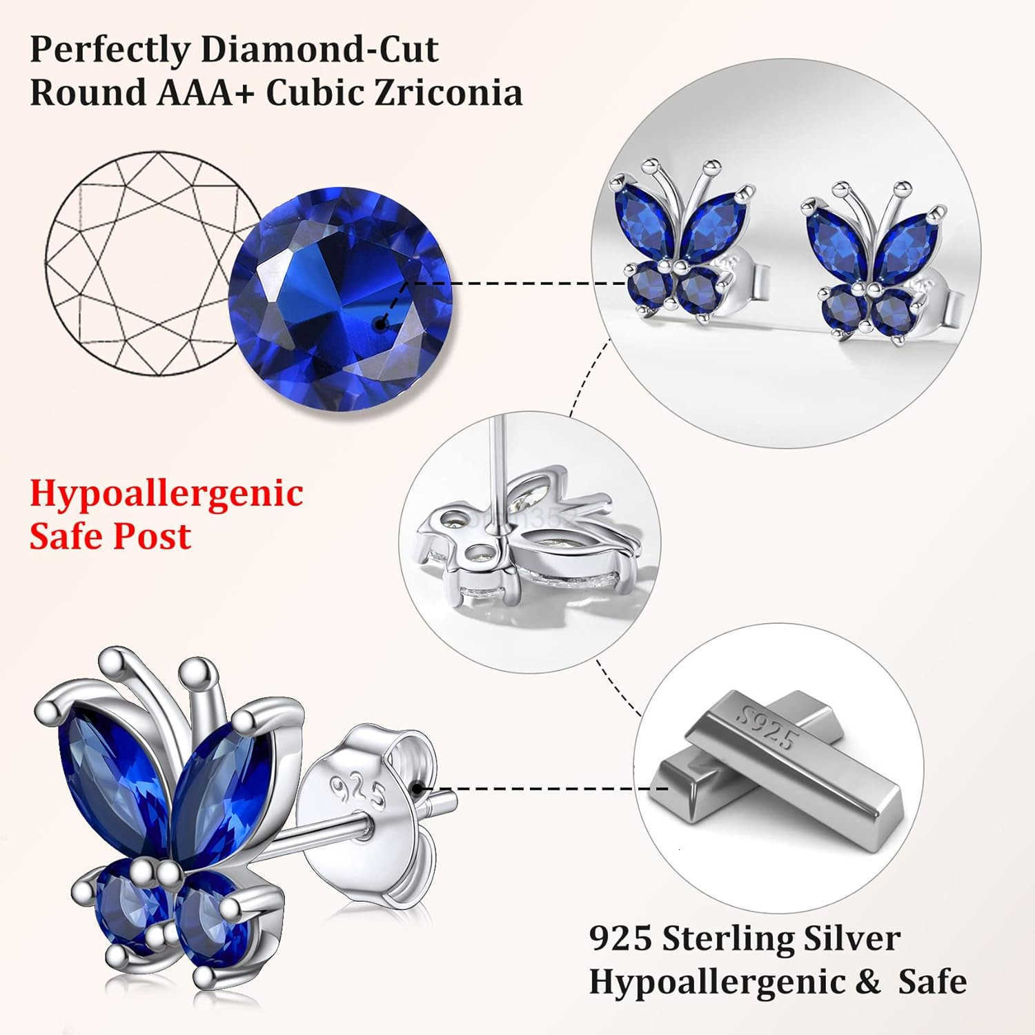 Sterling Silver Butterfly Earrings for Women Dainty Cute Birthstone Studs Hypoallergenic Jewelry Great Birthday GiftW250911