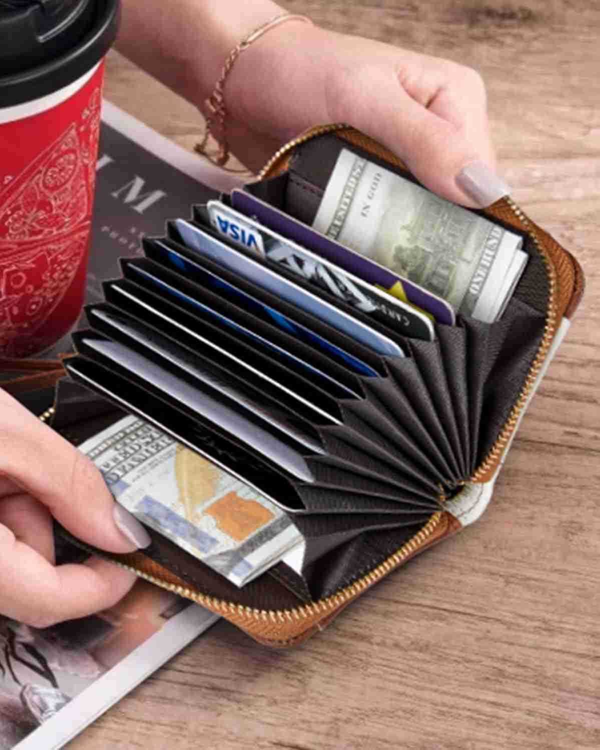 Credit Card Holder Wallet RFID Blocking Leather Small Wallet for Women Zipper Keychain Wallet with Wristlet BeigeBrownW250911
