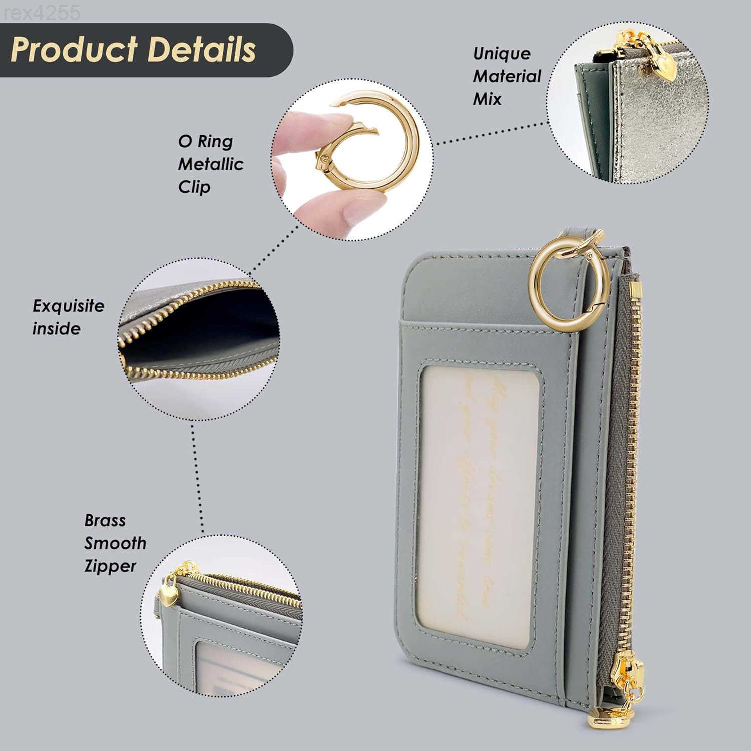 Key Chain Wallet Women Credit Card Holder for Women with Metal Key Chain Ring for Car KeysLadies Mini Purse with ID Window and Zipper Pocket GreyW2509
