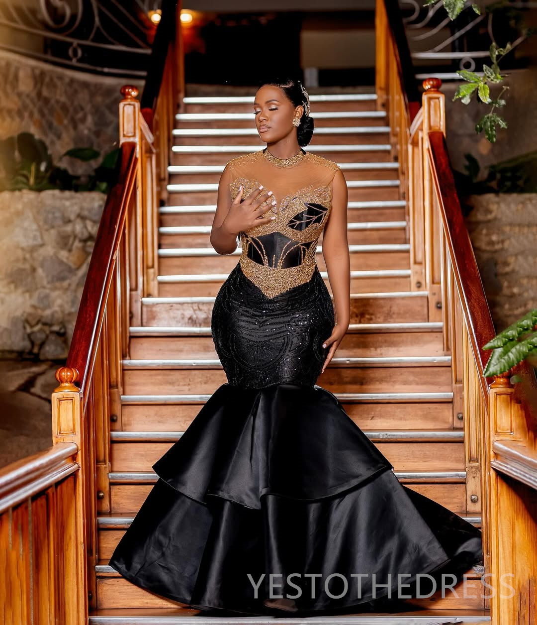 2025 Mermaid Black Prom Dresses For Black Women Evening Dresses Formal Gowns High Neck Beaded Crystals Birthday Dress Second Reception Gown AM2848