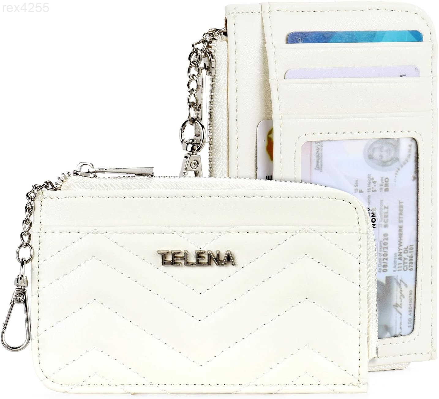 Slim Wallet Women RFID Blocking Credit Card Holder Leather Coin Purse with Silver Keychain BlueW250911