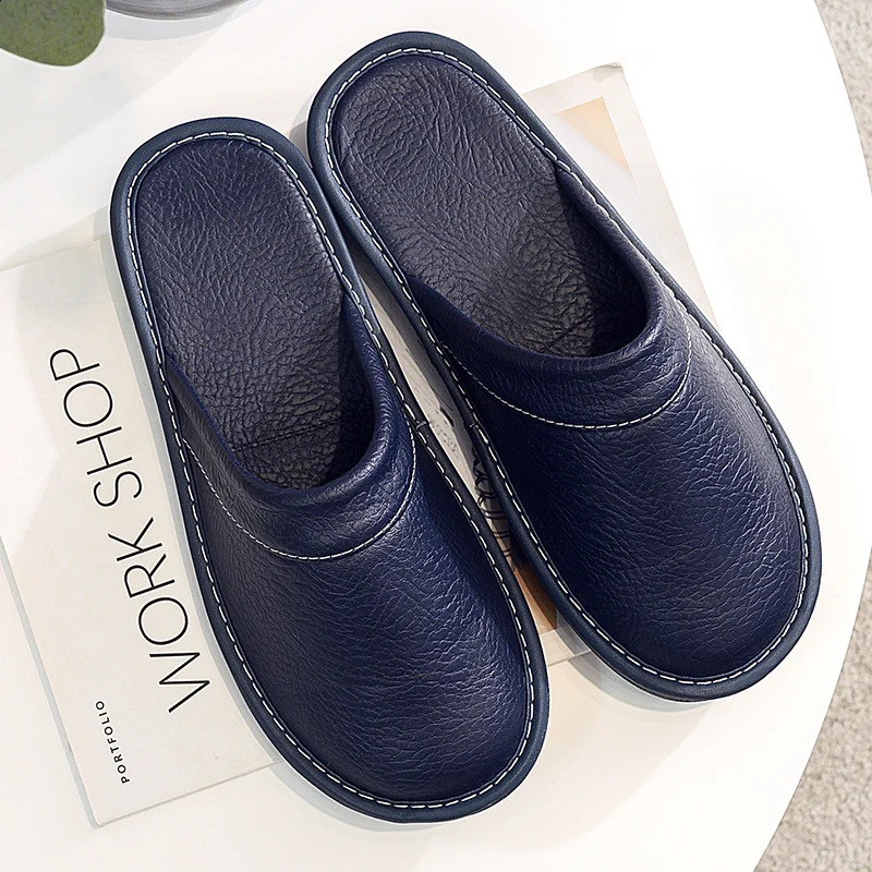 Mens Bedroom Leather Slippers Unisex Black Home Shoes Big Size 47 48 Mans Slippers Indoor Comfy Males Slides Family Flats Shoes250906