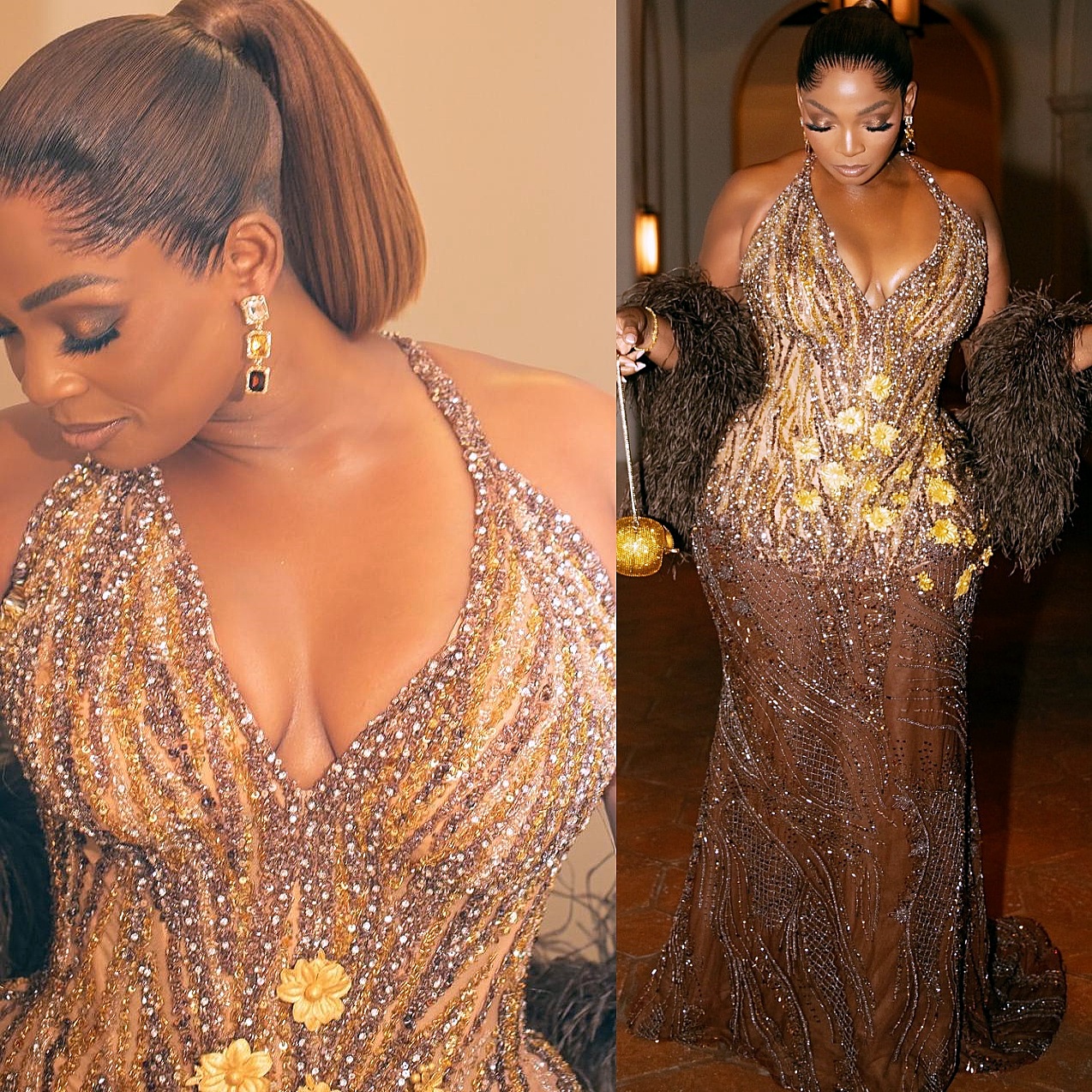 Aso Ebi Brown Illusion Mermaid Prom Dresses 2025 Halter Feather Flowers Evening Formal Party Second Birthday Engagement Gowns Plus Size Dress For Spec