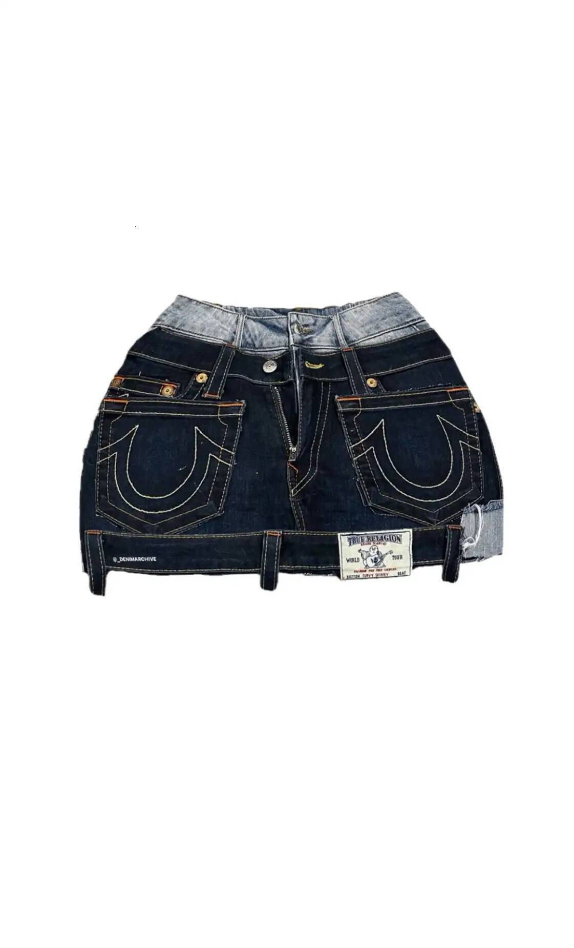 Blue Retro Goth Embroidered Pocket Patchwork Y2k Denim Mini Skirt with High Waist and Hip Bag Haruku Streetwear Skirts dongdumaoyi
