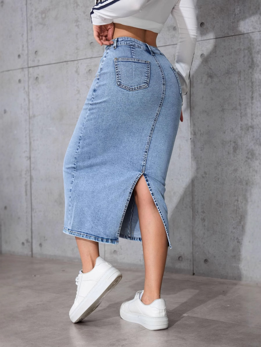 PO33150 New high waist slim mid-length skirt women's denim long skirt large size