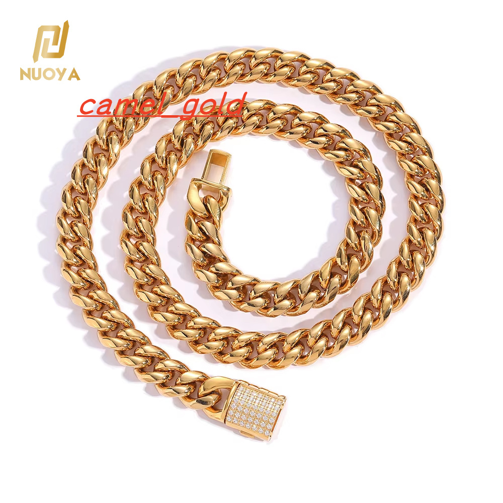 Wholesale Custom Hip Hop Stainless Steel Cuban Necklace CNC Pave Cz Iced Clasp 18K Gold Necklace Cuban Link Chain