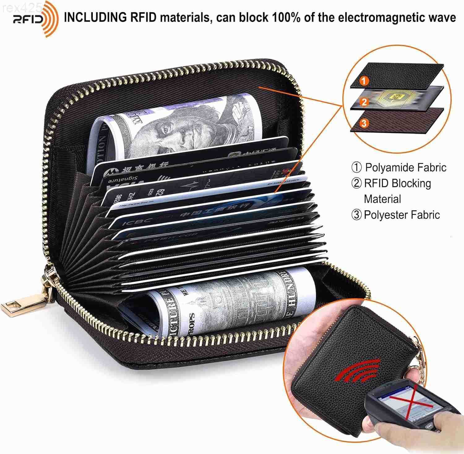 Credit Card Wallet Genuine Leather Zipper Coin Pockets Card Cases Holder for Men Women RFID Blocking KeyChain Wallet Compact SizeW250911