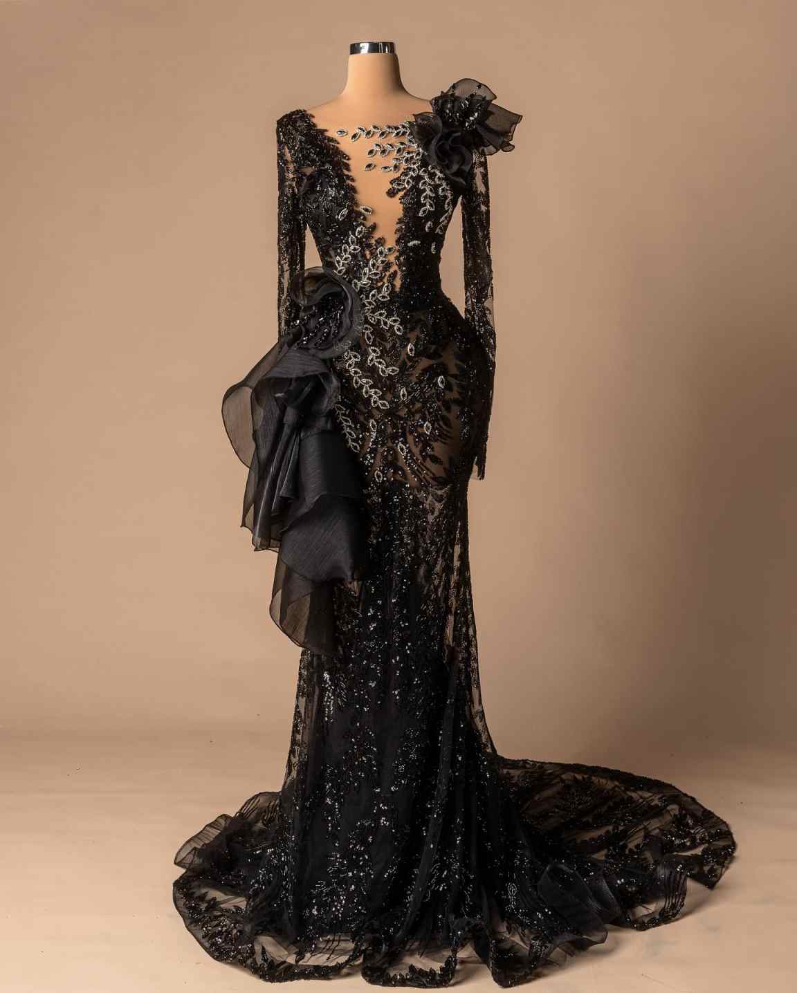 Glamorous Sequins Lace Long Sleeve Mermaid Evening Dresses Sweep Train Crystals Beading Formal Occasion Customized Dresses
