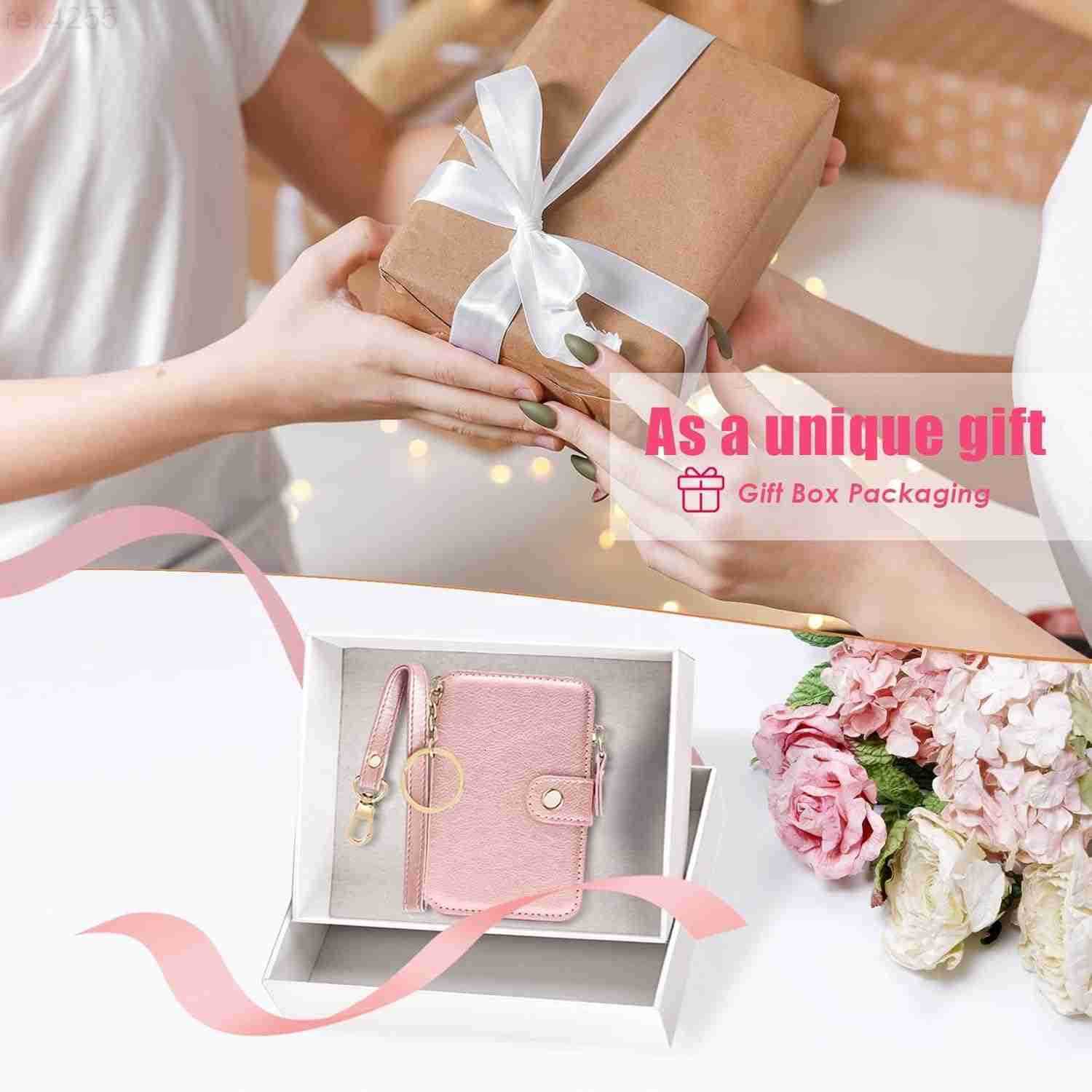 Card Holder Womens Wallet PU Leather Keychain Wallet Wristlet With Zipper Coin Pocket And ID Window Gift For Women Gift Box PinkW250911