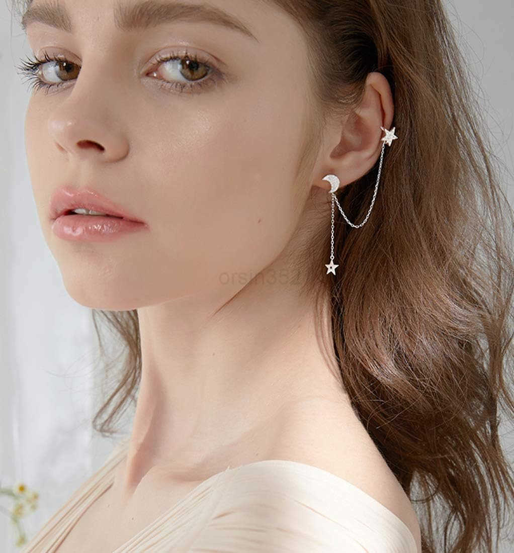 925 Sterling Silver Cuff Earrings Chain for Women Asymmetric Star Moon Earrings Crawler Dangling ChainW250911