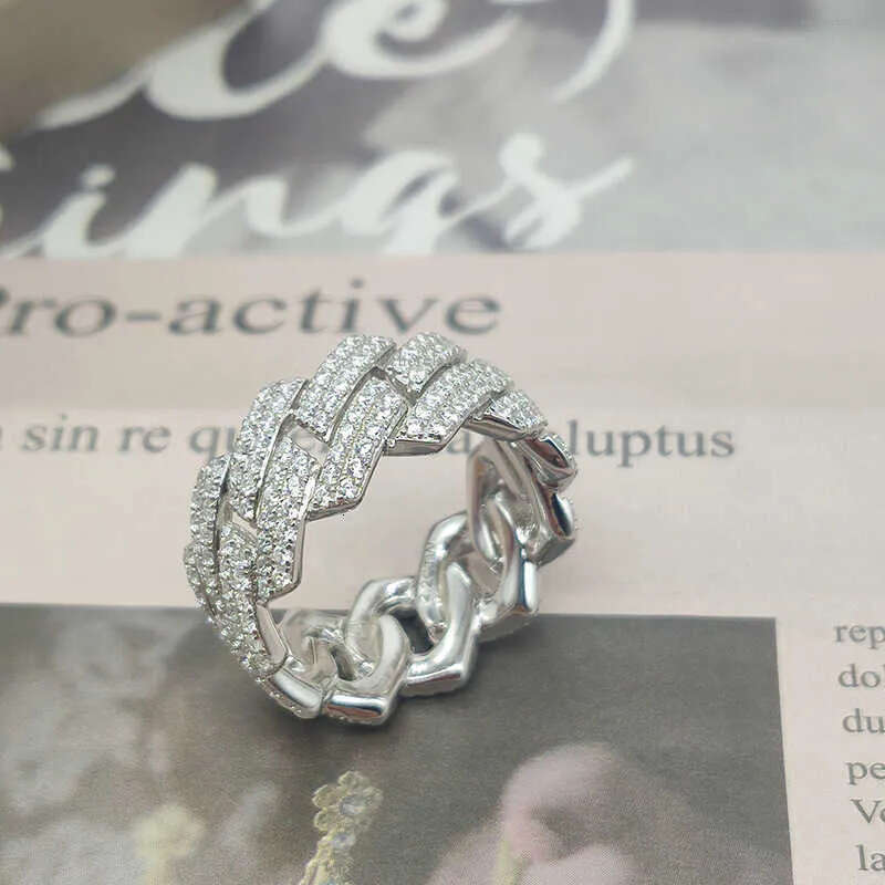 Custom Moissanite Cuban Ring S Sier with 2rows Hip Hop Mens White Gold Plated Vvs Dia Rings