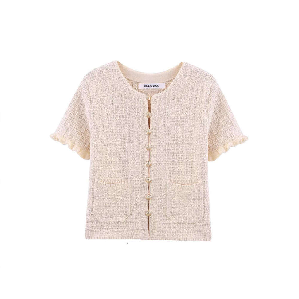 DHEssentials Summer New Style Little Chanel Layered Button Decorated Knitted Short Sleeve Top