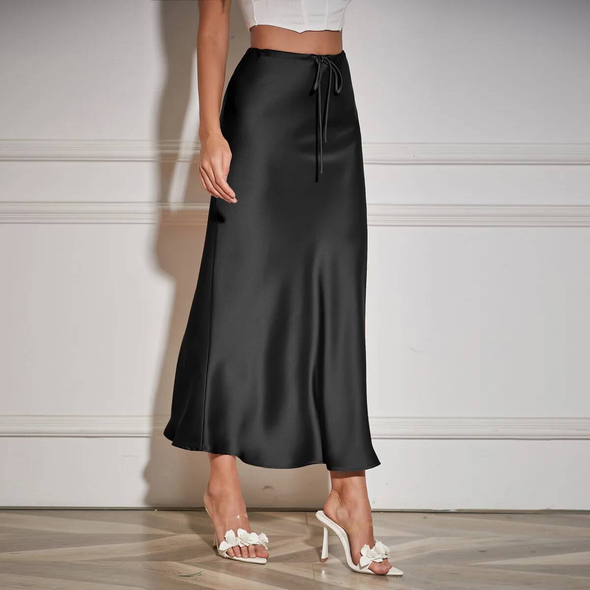 New In 2025 Spring Summer Solid Color Satin Long Skirt For Women High Waist Lace-Up Fashion Elegant Faldas dongdumaoyi