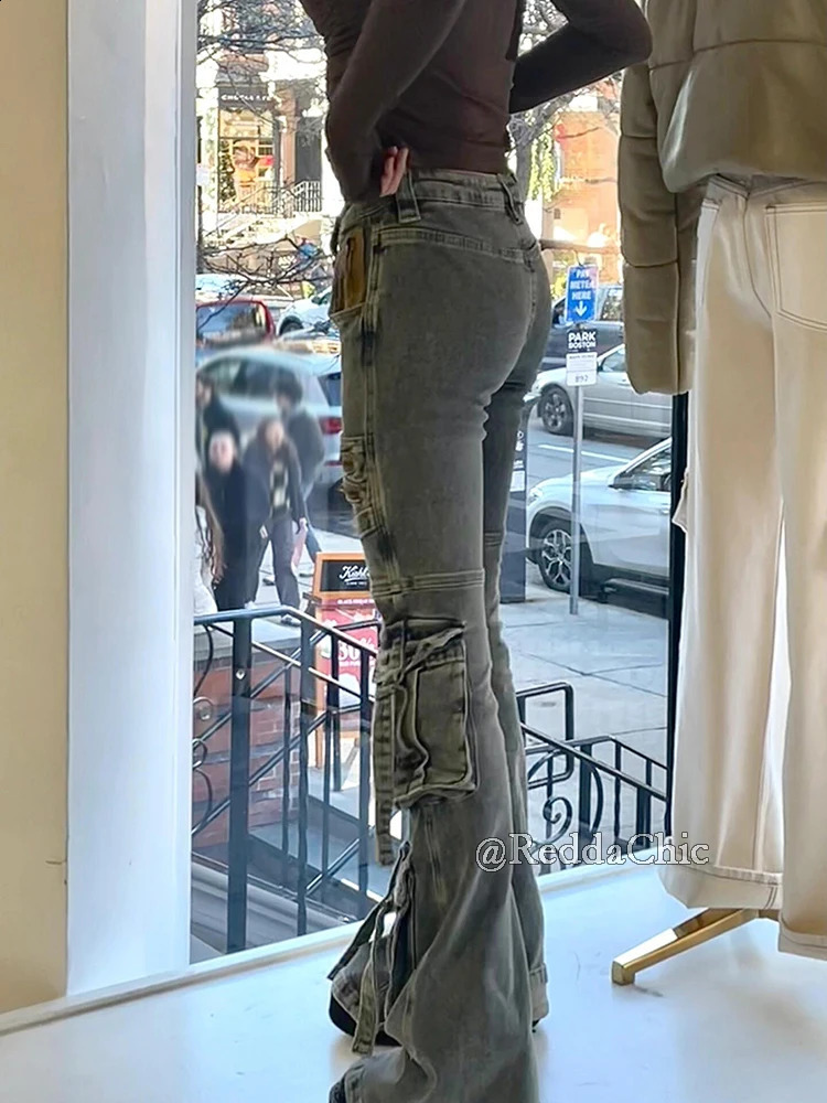 ReddaChic Tall Girl Cargo Pockets Flare Jeans Women Vintage Blue Distressed Zipper Decor Bootcut Pants Grunge Y2k Streetwear 250911