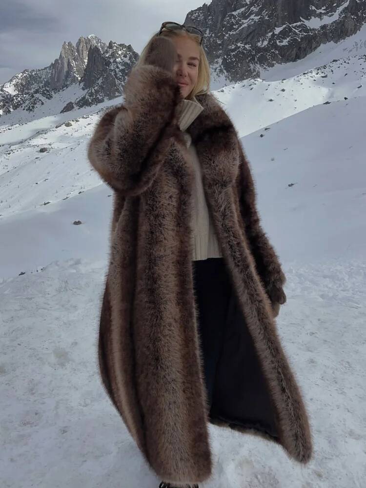 Women's Casual Lapel Faux Fur Long Coat Loose Solid Color Full Sleeve Furry Jackets Ladies Fashion Winter Warm Streerwear Coats