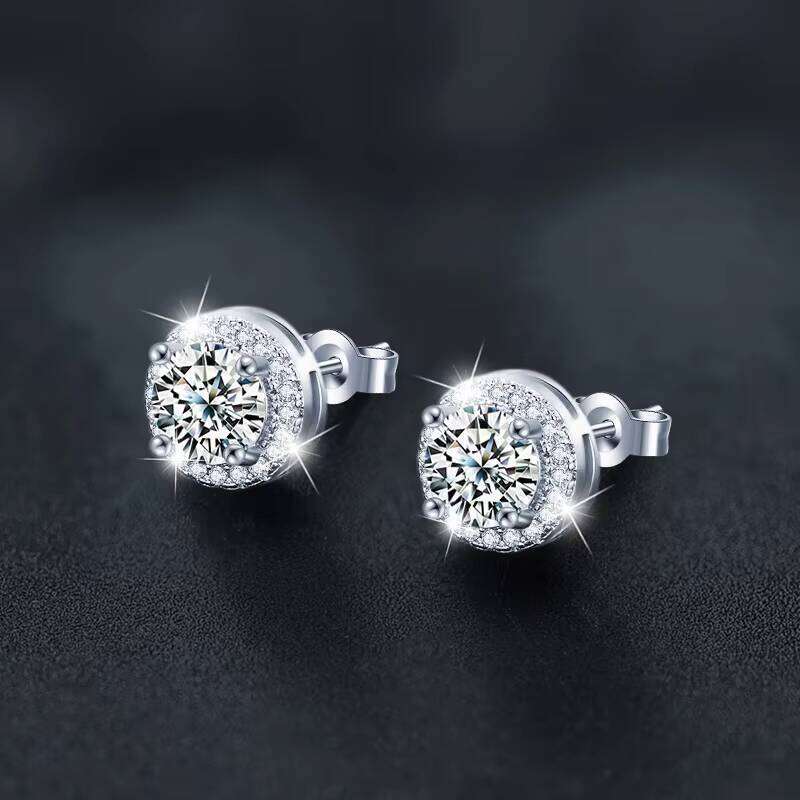 Wholesale Sterling Sier Moissanite Earrings Brilliant Cut VVS Dia Screw Back Halo Design 0.5ct-2ct for Men and Women
