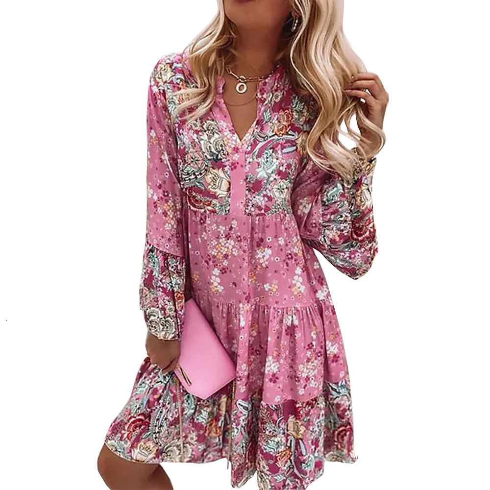 2025 Summer Dress New Printed Loose Women's Long Sleeve Top American Fashion V-neck Chiffon Folded Dress Autumn/Winter New Designer Knitted Cloth