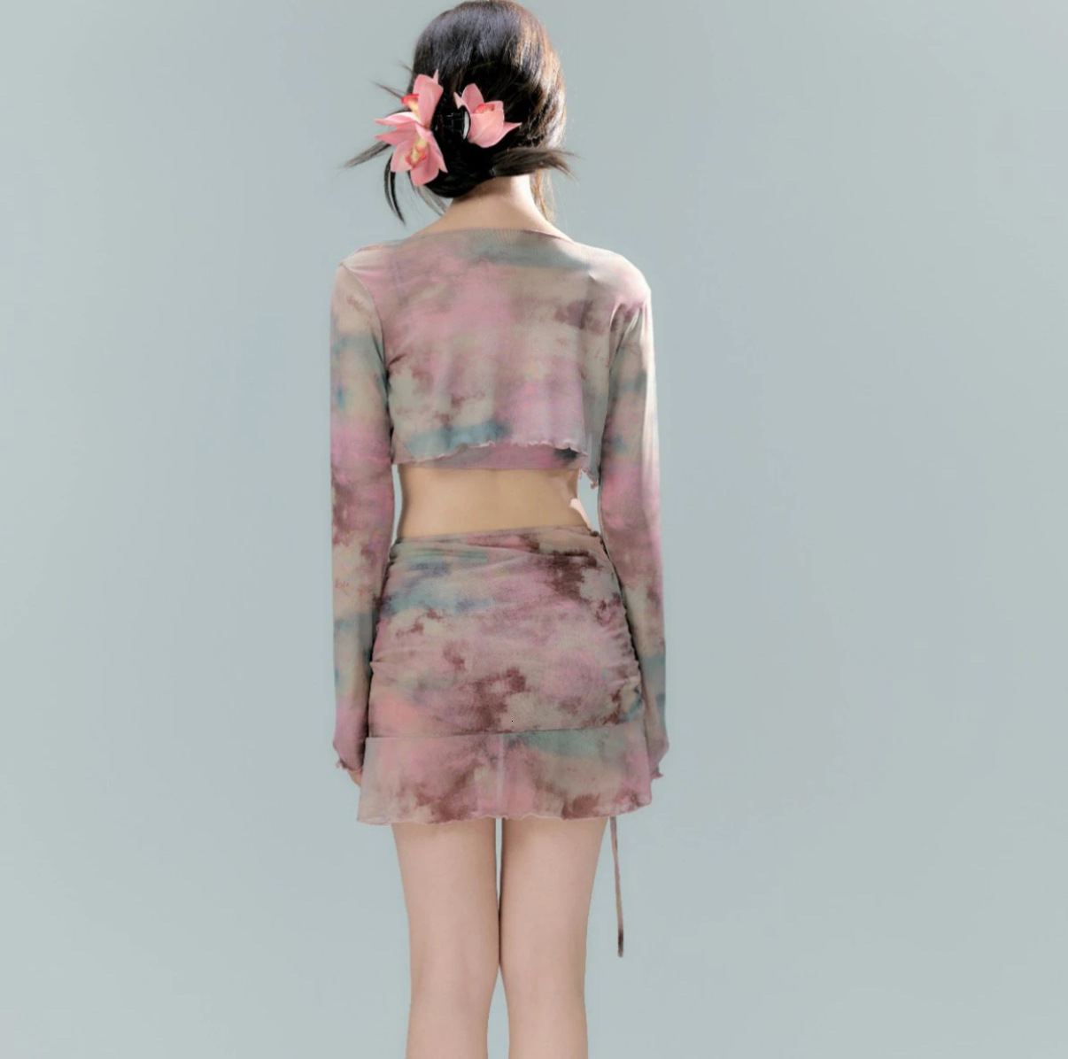 Korean INS Swimsuit for Women, High-End Two-Piece Four-Piece Set, Tie-Dye with Long Sleeve Cover-Up, Slimming Internet Celebrity Style Swimwear