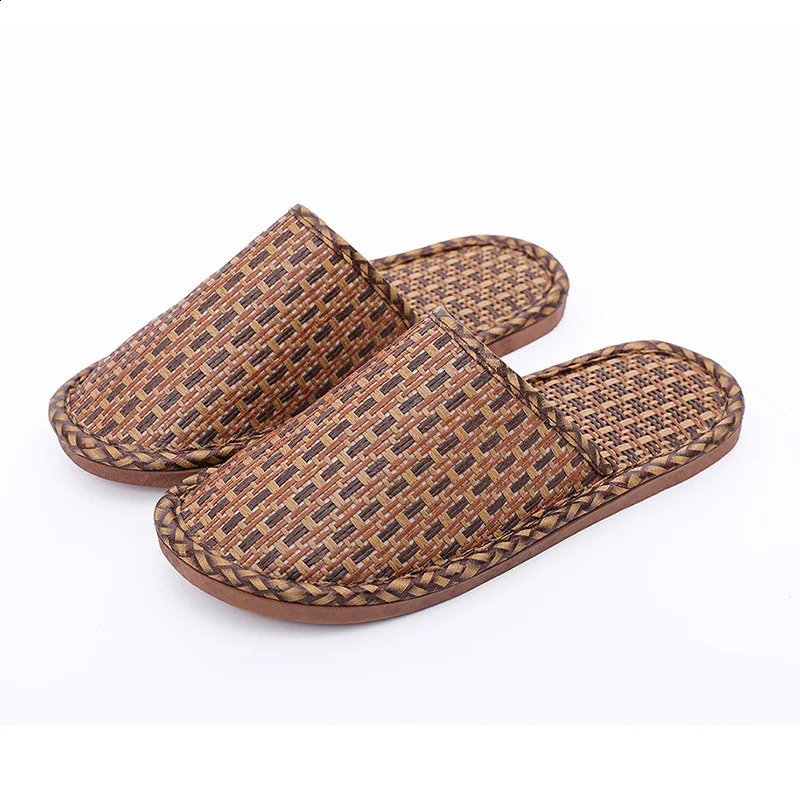 Bamboo Weaving Home Linen Slippers Summer Cooling Woven Rattan Sandals Indoor Nonslip Slides Unisex Bedroom Shoes Zapatillas250906