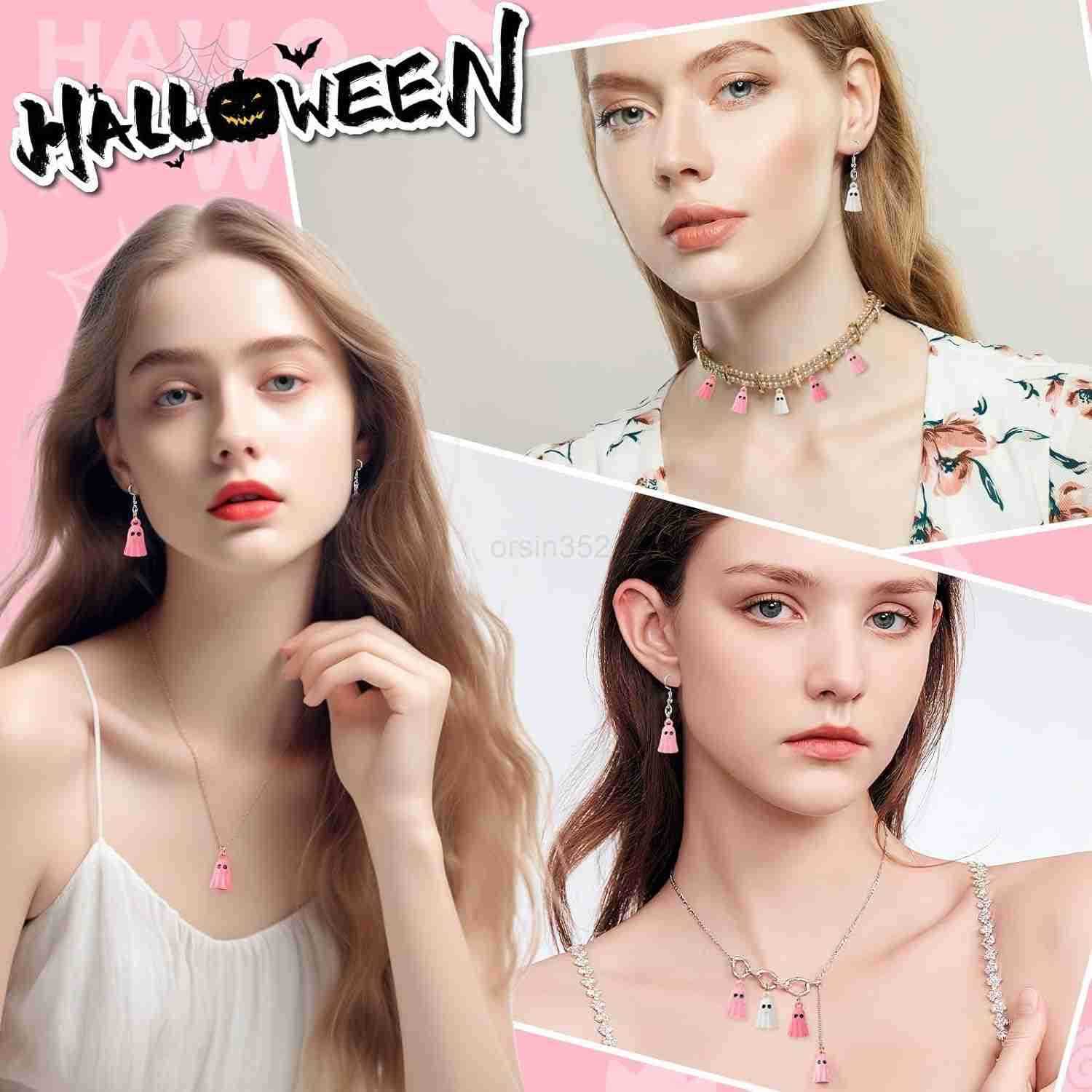 60Pcs Halloween Charms Halloween Ghost Charms for Jewelry Making Pink White Ghost Bangle Charm Pendants for Necklace Earrings Making DIY CraftsW250911