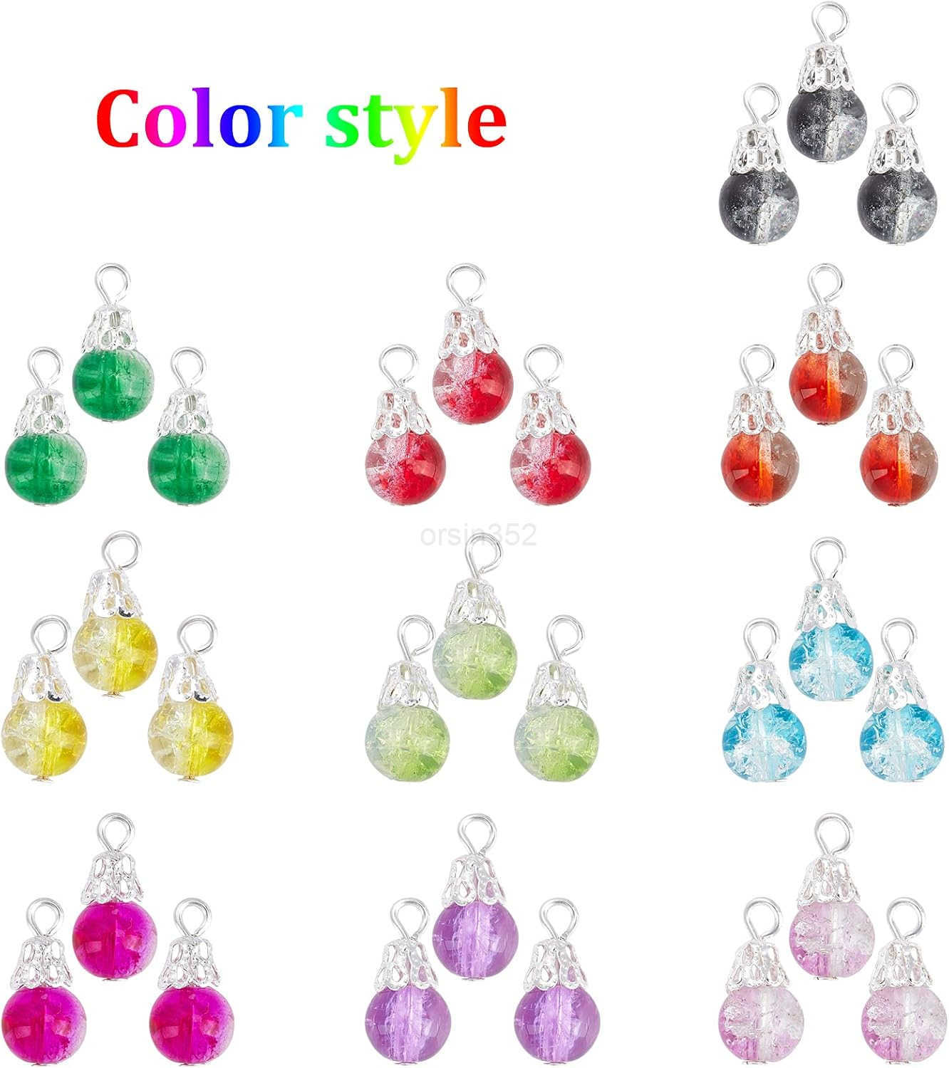 100pcs Crystal Dangle Charms Crackle Glass Drop Beads Charms 10 Color Dangle Bead with Silver Bead Cap Drops Beads Charms Pendants for Jewelry Making 