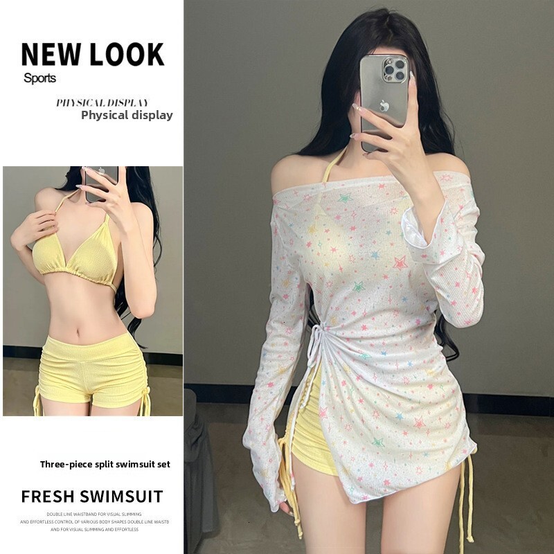 2025 New Women's Two-Piece Long Sleeve Sun Protection Fresh Sweet Pure Desire Style Beach Three-Piece Swimsuit