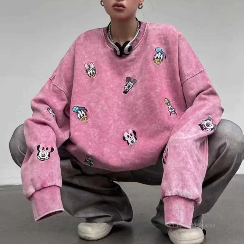Disney Mickey Minnie Donald Duck Womens Pullover Spring Autumn Korean Version Design Sense Hoodie Cute Embroidery Versatile Top L250911