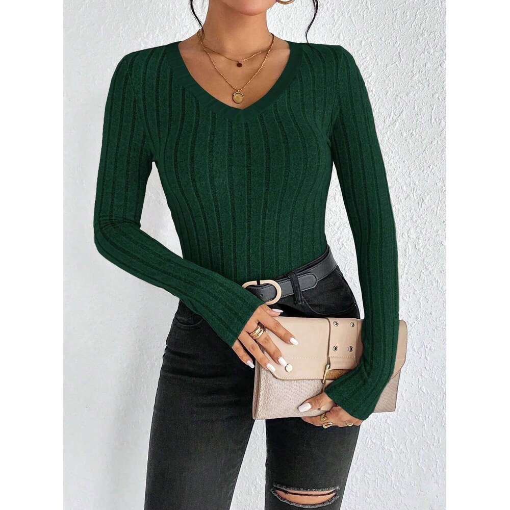 Slim Fit V-Neck Knitted Jumper Long Sleeve Top For Women Sexy Trendy Pullover Casual Wear