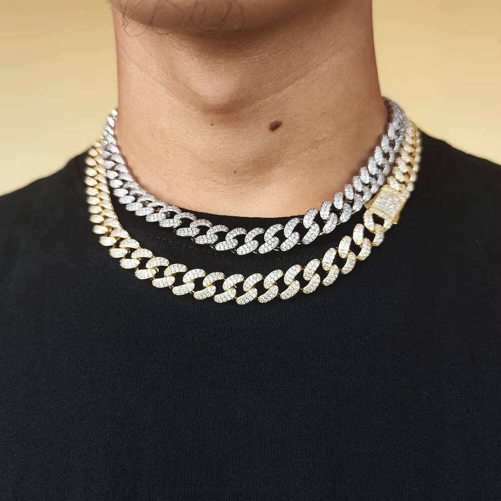 Hip Hop 12mm TwoRow Diamond Cuban Link Necklace White Gold Plated Brass Iced Out CZ Miami Cuban Chain Fine Jewelry for Women