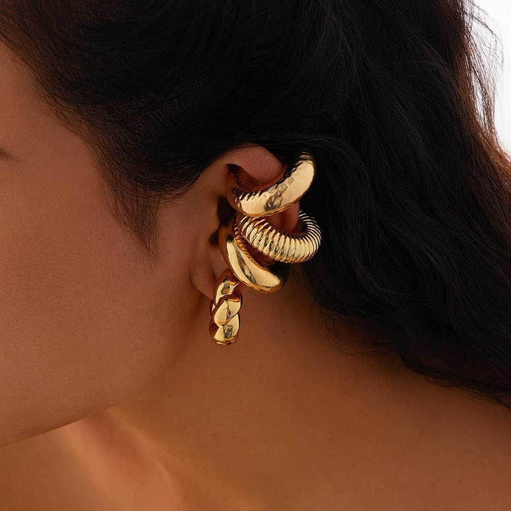 4 Pcs Chunky Ear Cuffs Non Piercing for Women 14K Gold Plated Clip On Cartilage Hoop Earrings Jewelry GiftsW250911
