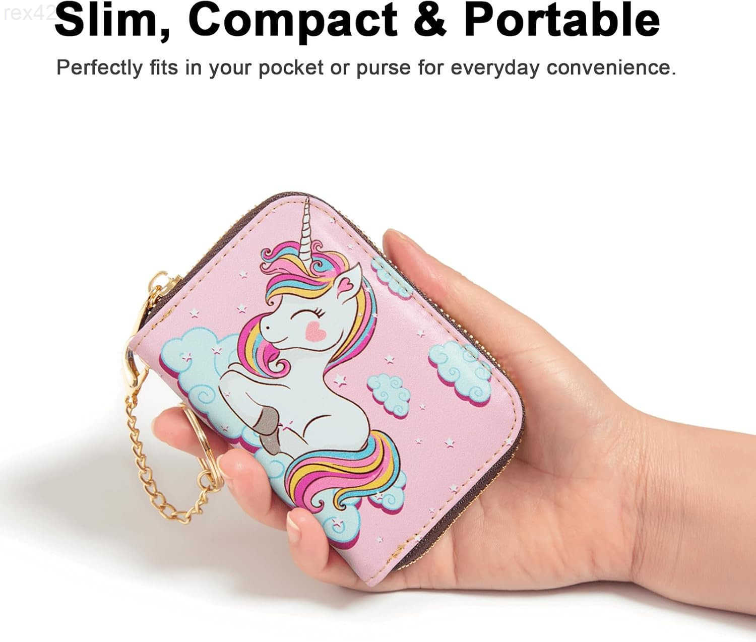 Credit Card Holder RFID Blocking Wallet for Women Small Slim Leather Wallets with Keychain Zipper Business Cards Case Cute Unicorn PinkW250911