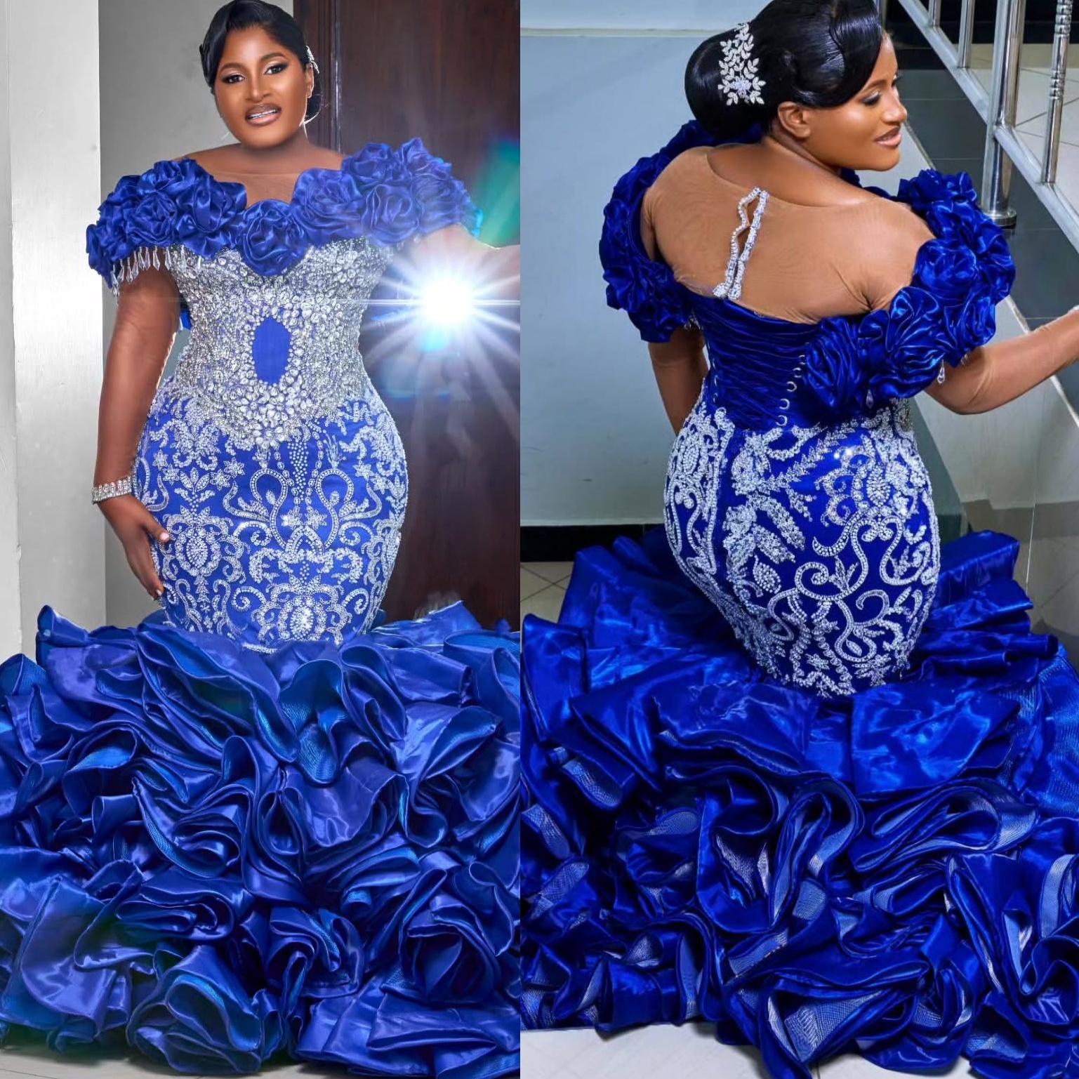 Royal Blue Mermaid Prom Dresses 2025 Crystals Flowers Lace Satin Evening Formal Party Second Birthday Engagement Gowns Plus Size Dress For Special Occ