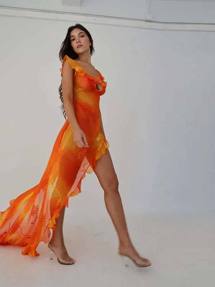 Orange Tie Dyed Printed Trailing Dress Low Cut Backless Ruffle High Split Long Dresses Summer Chic Female Party Evening Robe 250910