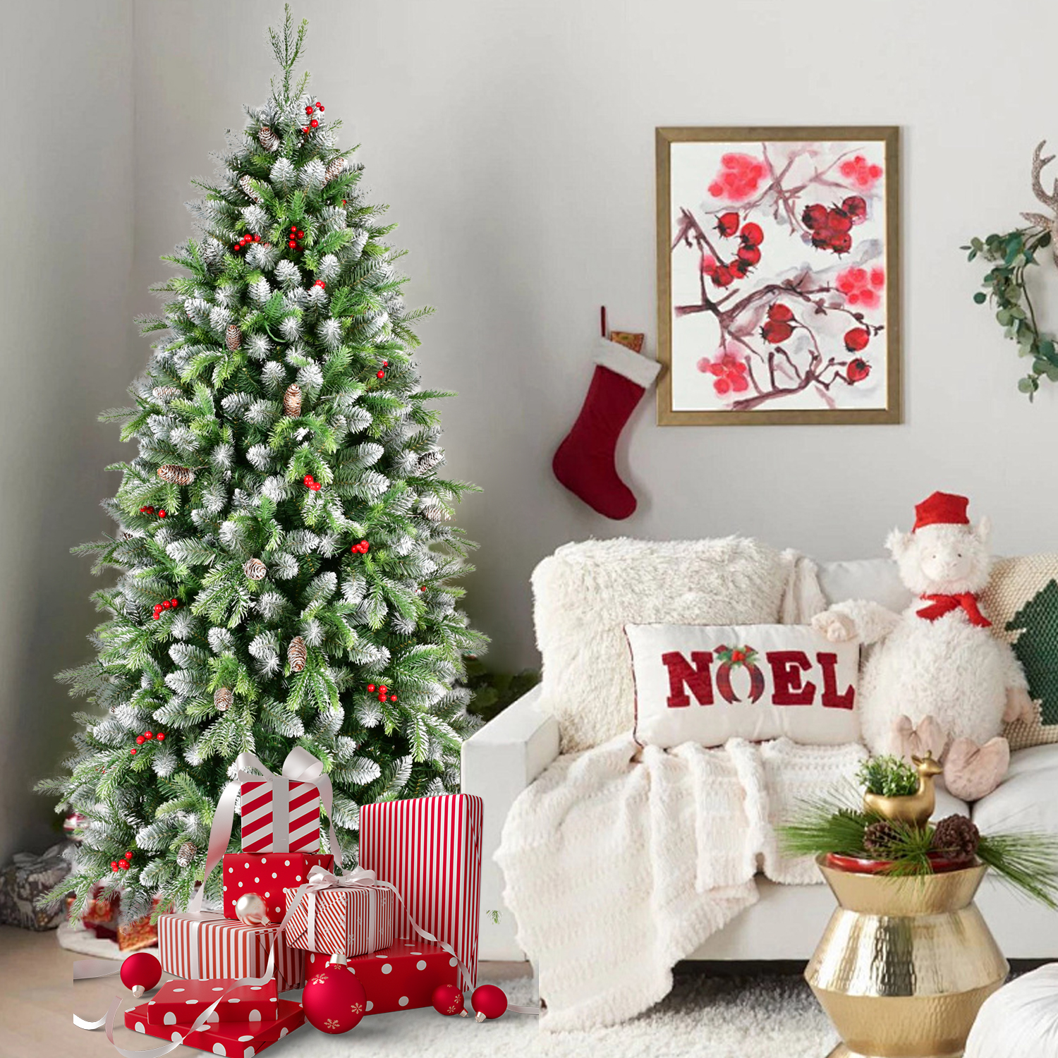 PVC & PE Mixed Warm White Christmas Tree with Red Berries and Natural Pine Cones - 6 Feet