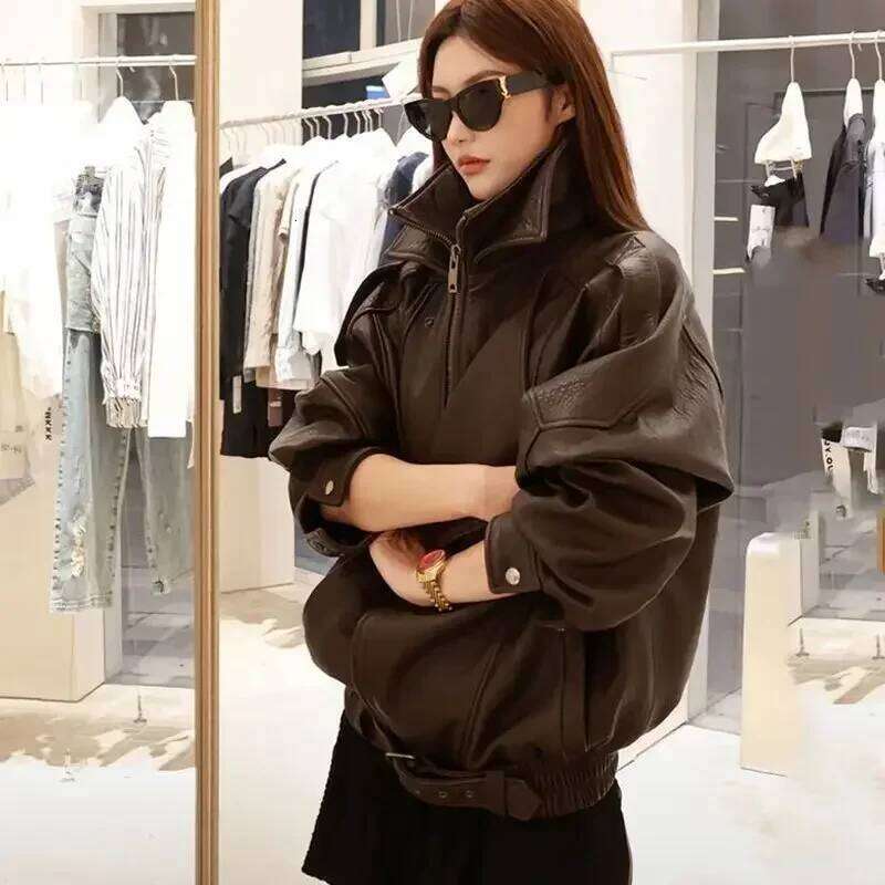 Korean Fashion Black Clothing Autumn/Winter New Loose Casual Coat PU Leather Motorcycle Jacket Women Tops