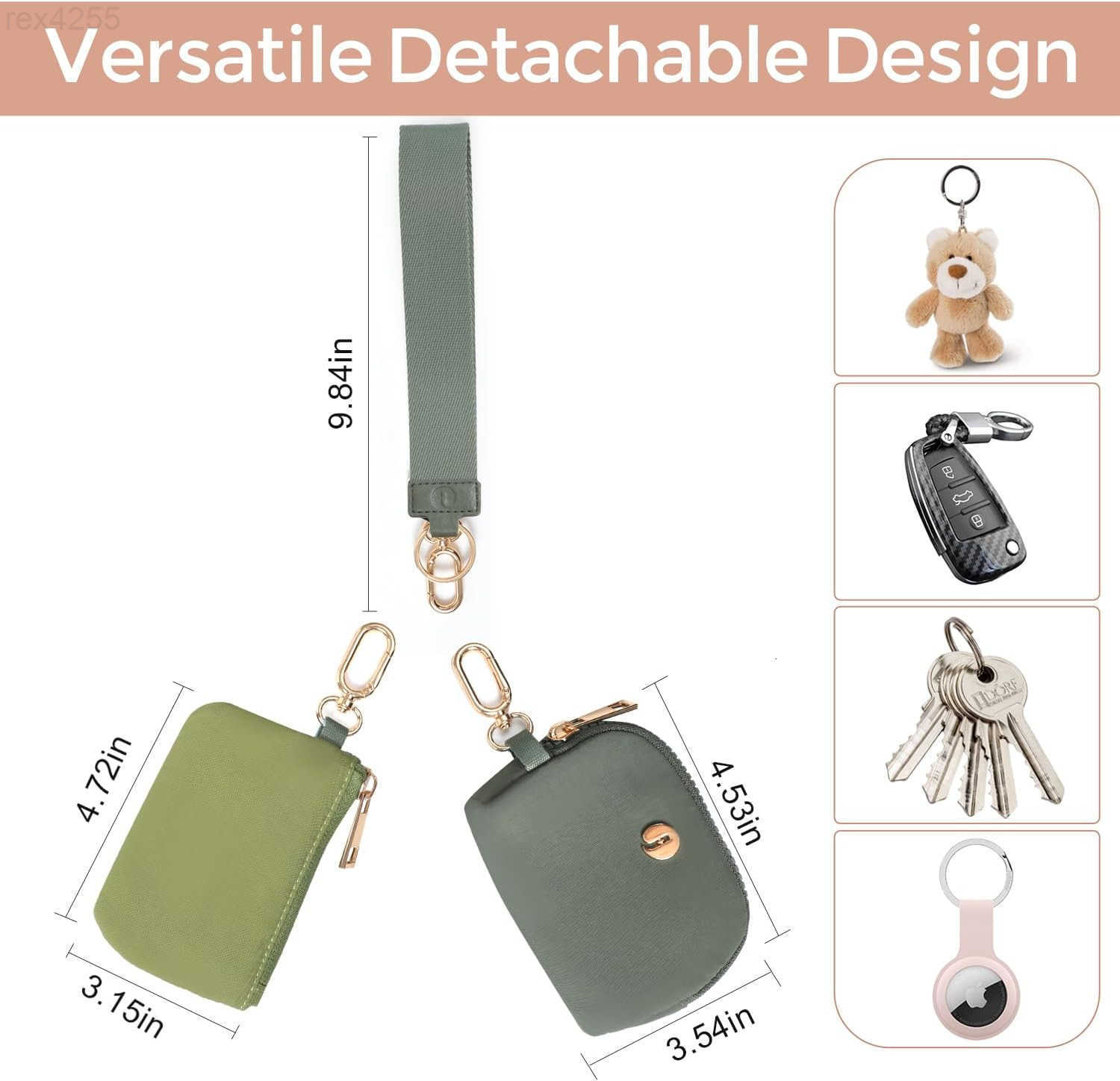 Pouch Wristlet Keychain Wallets for Women with 2 Detachable Zipper Coin Purse Small and Portable Mini Card Wallet for Women Men Gold Hardware GreenDar